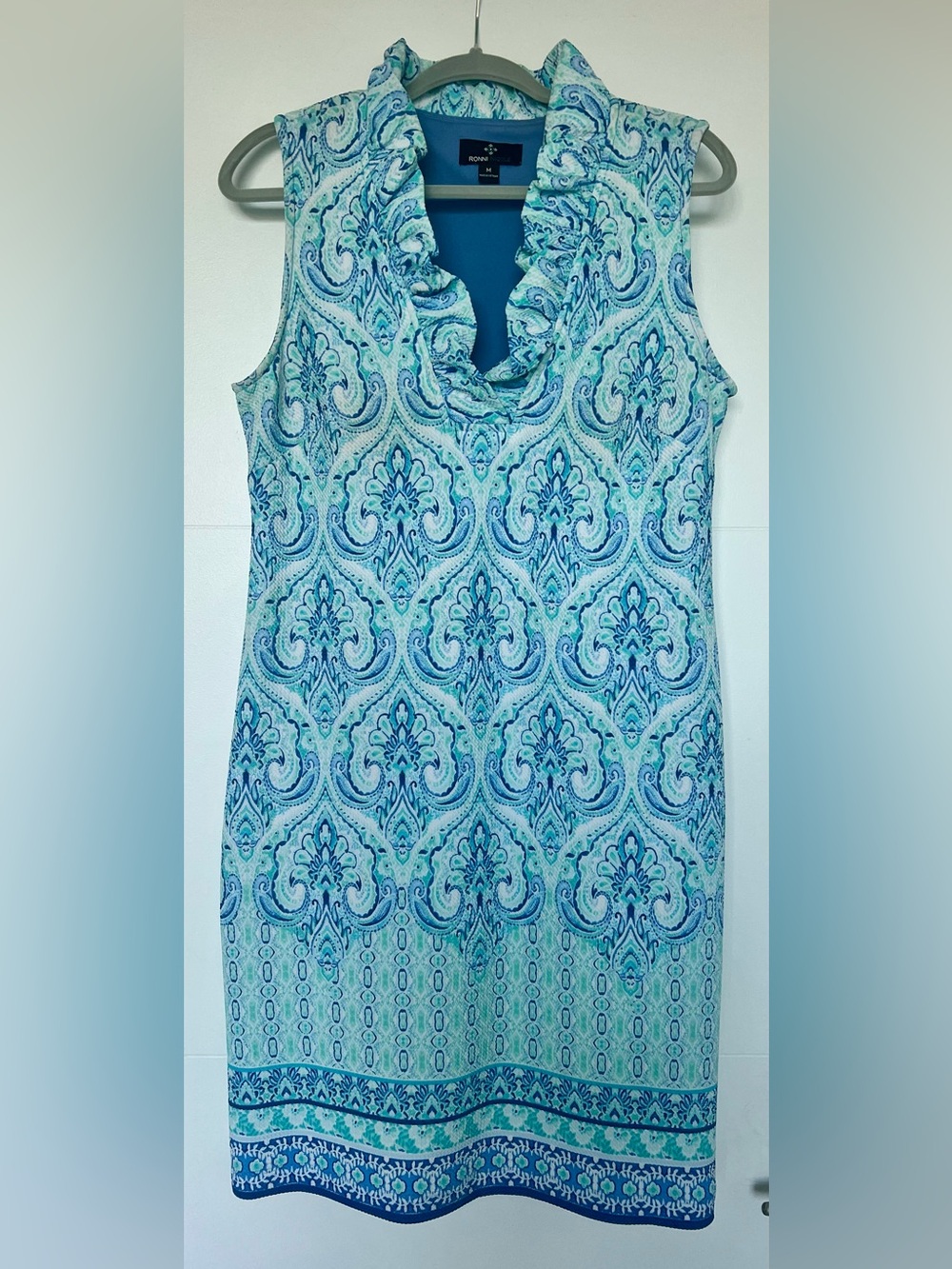 Ronni Nicole Blue and Turquoise Paisley Ruffled V-Neck Summer Dress Size M